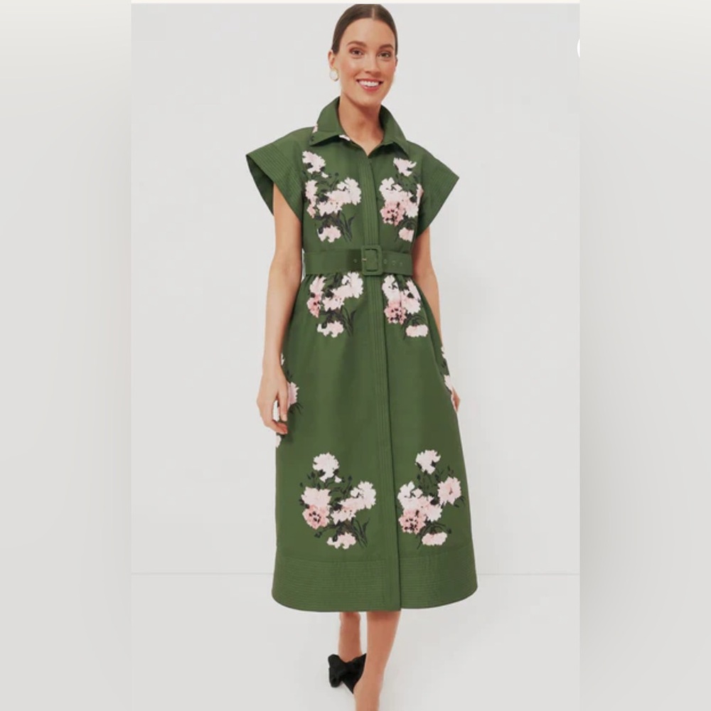 Tuckernuck Olive and Pressed Floral Chloe Dress Green pink S